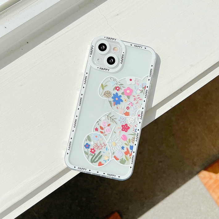 Casing For IPhone 13 Pro Max 12 11 ProMax Mini X Xs Xr 6 6s 7 8 Plus 6+ 6s+ 7+ 8+ Xsmax 13Promax 12Promax 11Promax Cute Cartoon Art Flowers Bear Clear Angel Eyes Shockproof Anti-fall Tpu Soft Phone Case Cover JSC 08