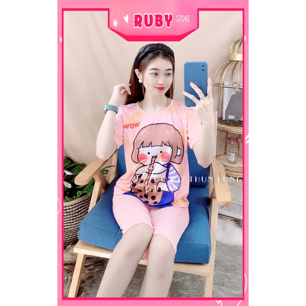 Đồ bộ nữ mặc nhà chất thun mềm mịn in hình bé trà sữa hoạt hình dễ thương Đồ bộ thun lửng BTT60