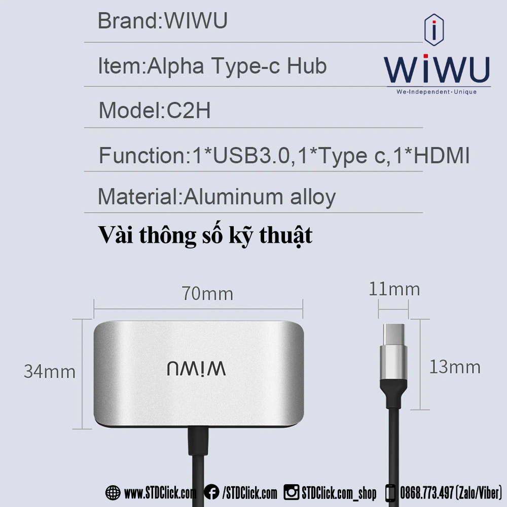 HUB CHUYỂN TYPE C WIWU Alpha C2H CHÍNH HÃNG 3 IN 1 TYPE C TO USB 3.0 + TYPE C PD 100W + HDMI 4K