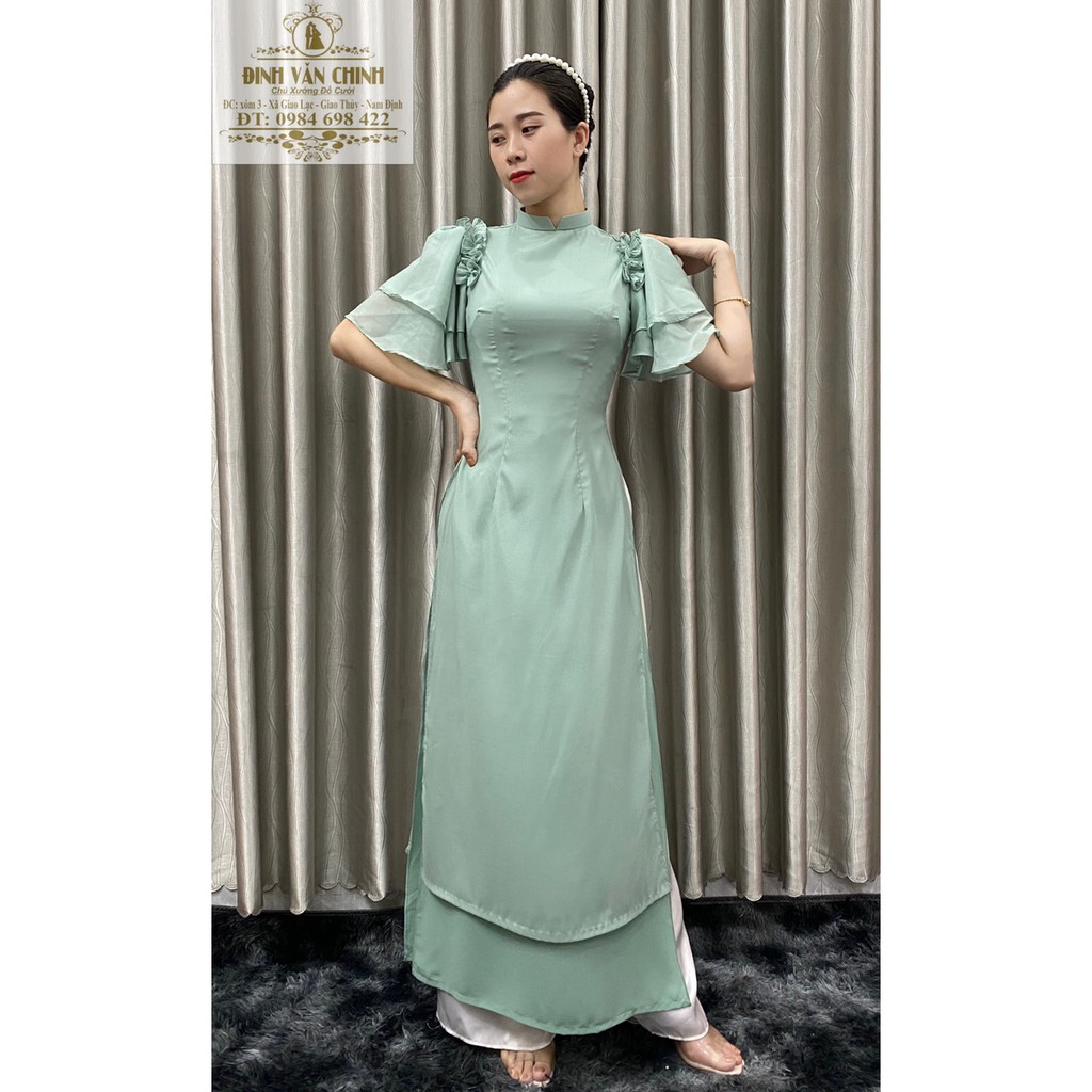 Áo dài tay bồng cánh tiên truyền thống_duy chinh-ADTG00022_tông màu xanh