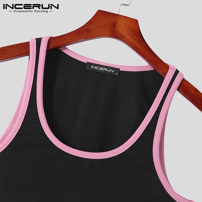 Áo thun INCERUN không tay màu đen cổ tròn màu sắc tương phản dành cho nam