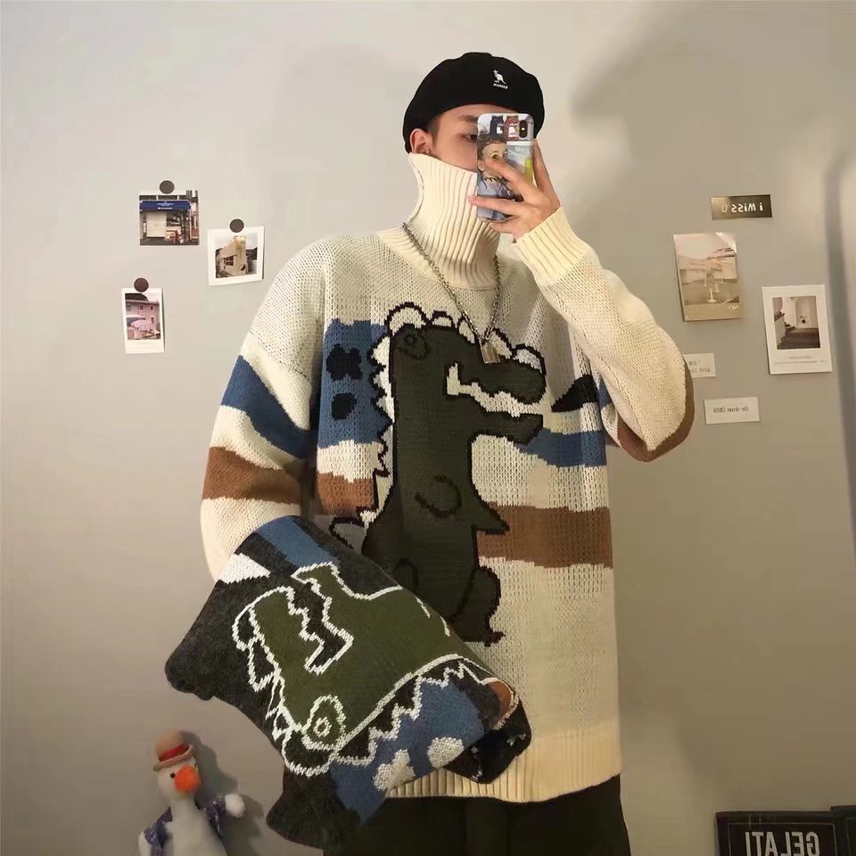 Áo Sweater Dệt Kim Cổ Lọ Dáng Rộng In Hình Khủng Long Kiểu Hàn Quốc Thời Trang Thu Đông Cho Nam