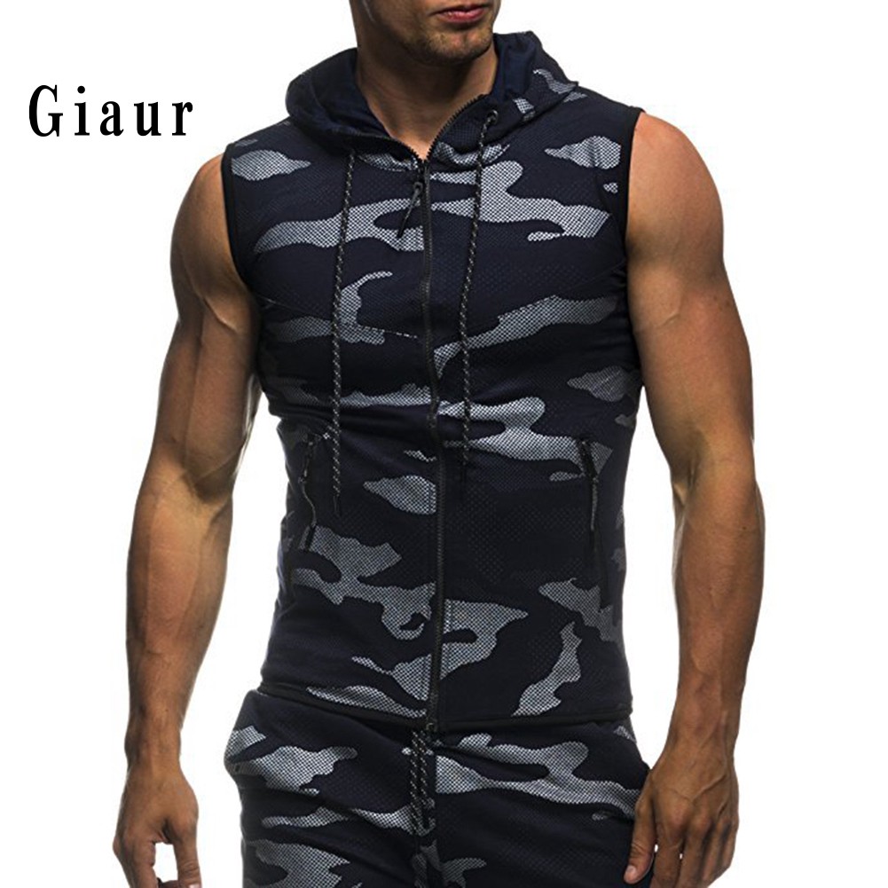 GIAUR  Summer Men Gym Fitness Camouflage Mesh Hoodies Zip Up Sleeveless Hooded Tank Top