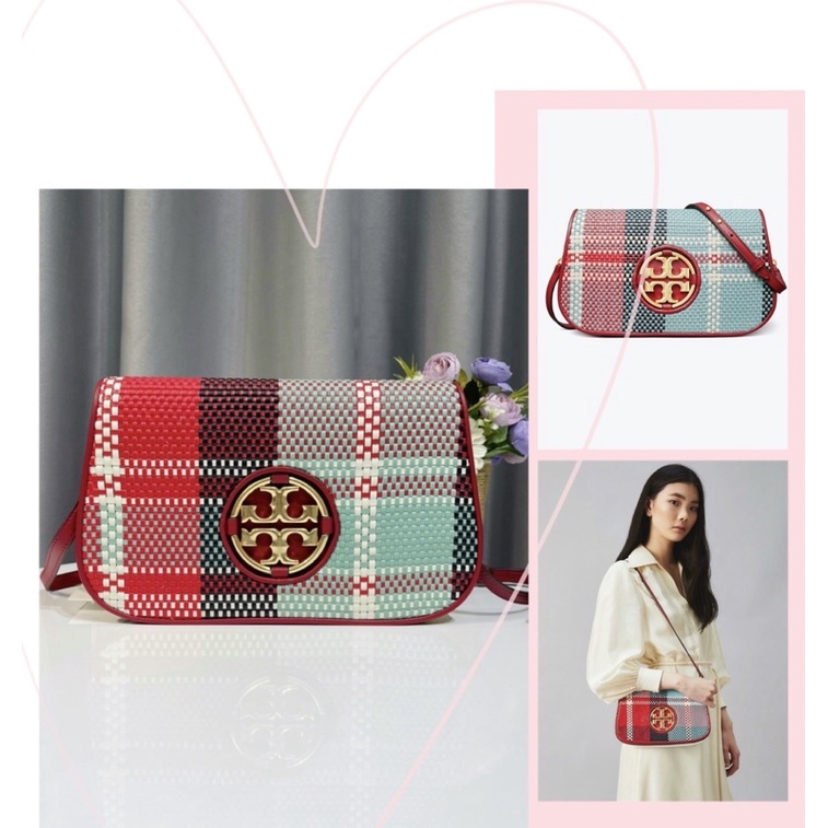 TNS - Túi đeo chéo kèm clutch hottrend Tory Burch Miller Weaver -chất da thật đan độc đáo màu đỏ xanh colorblock 