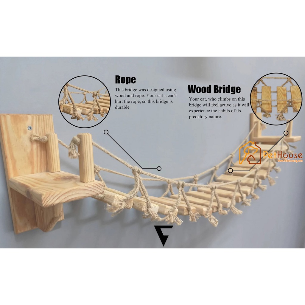 Cầu treo tường dành cho mèo, thang dây gỗ, sân chơi cho mèo bằng gỗ tự nhiên