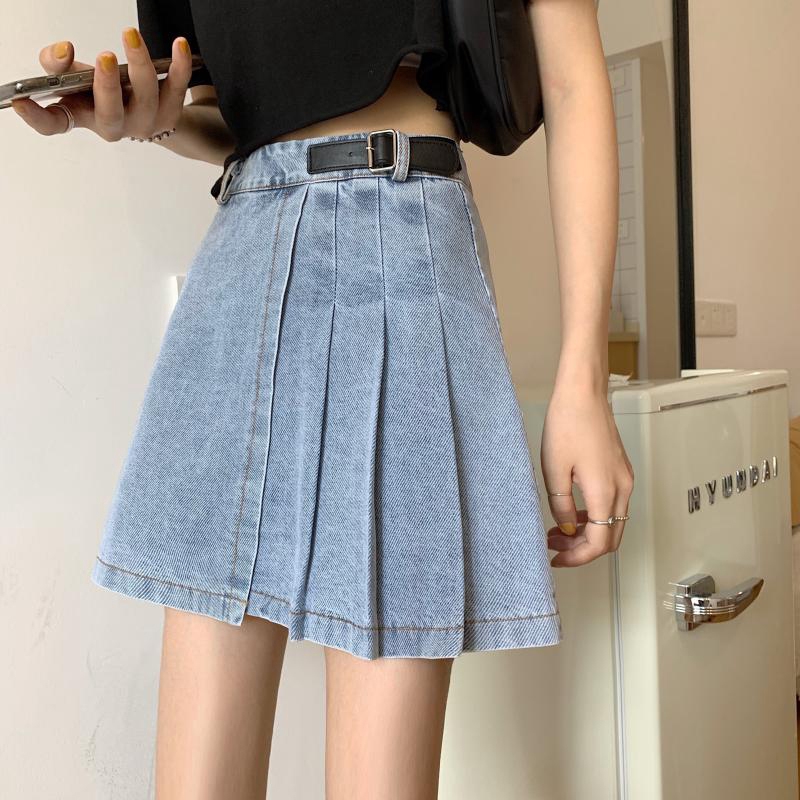 In stock Chân Váy Denim Chữ A Lưng Cao Thiết Kế Xếp Ly Xinh Xắn | BigBuy360 - bigbuy360.vn