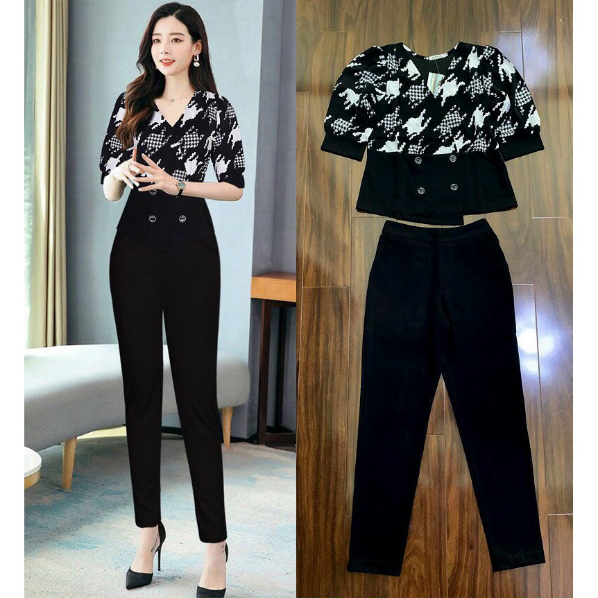 Bộ Đồ Nữ FREESHIP Set nguyên bộ quần dài áo sơ mi họa tiết phối 4 nút xinh xắn J1120