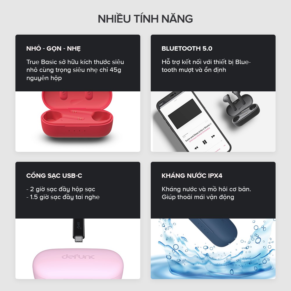 Tai Nghe True Wireless Defunc True Basic, Bluetooth 5.0, Cảm Ứng, Kháng Nước IPX4, Nghe Đến 12H - Chính Hãng BH 12 Tháng