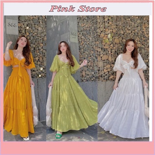 XẢ KHO Set váy maxi đi biển dáng dài phối áo croptop tay bồng- ảnh thật 100%