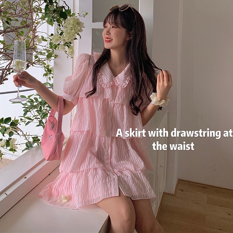 JANE SẴN Váy tầng sơ mi kẻ sọc Pinky xinh xắn J0057 | BigBuy360 - bigbuy360.vn