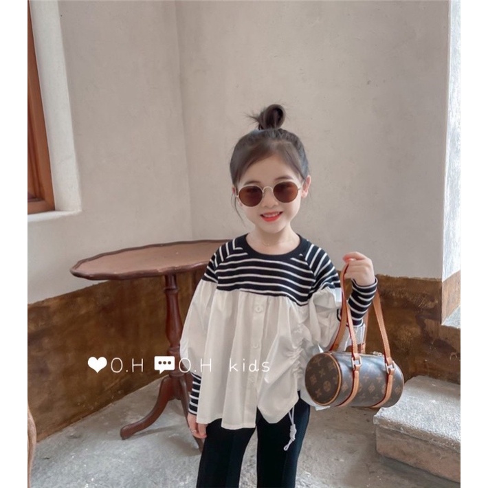 Set Bộ Áo Thô Kẻ Quần Đen Bé Gái