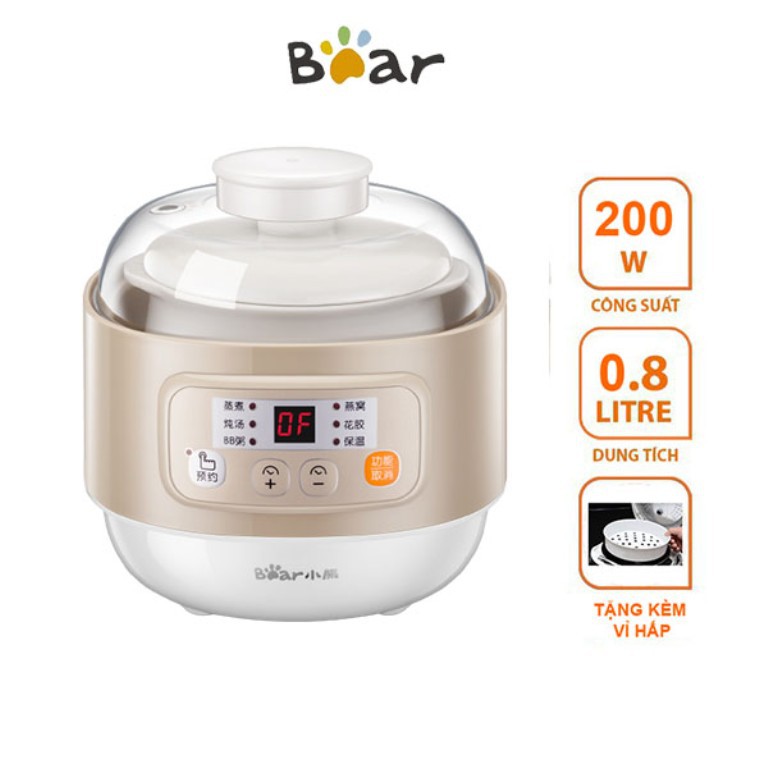 Nồi nấu cháo chậm đa năng nấu cách thủy   BEAR 0,8L  DDZ-A08D1 bản quốc tế bảo hành 18 tháng chính hãng