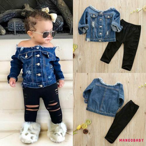 Áo Khoác Denim Trễ Vai + Quần Dài Cho Bé Gái