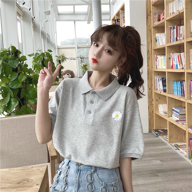 Áo Thun tay lỡ Unisex FREESIZE Cổ Trụ Polo in hình Hoa Cúc Hot Trend M0113