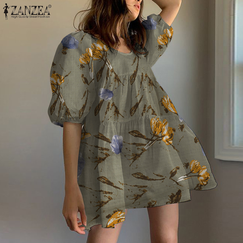 Đầm mini ZANZEA tay ngắn cổ tròn in họa tiết hoa thời trang cho nữ