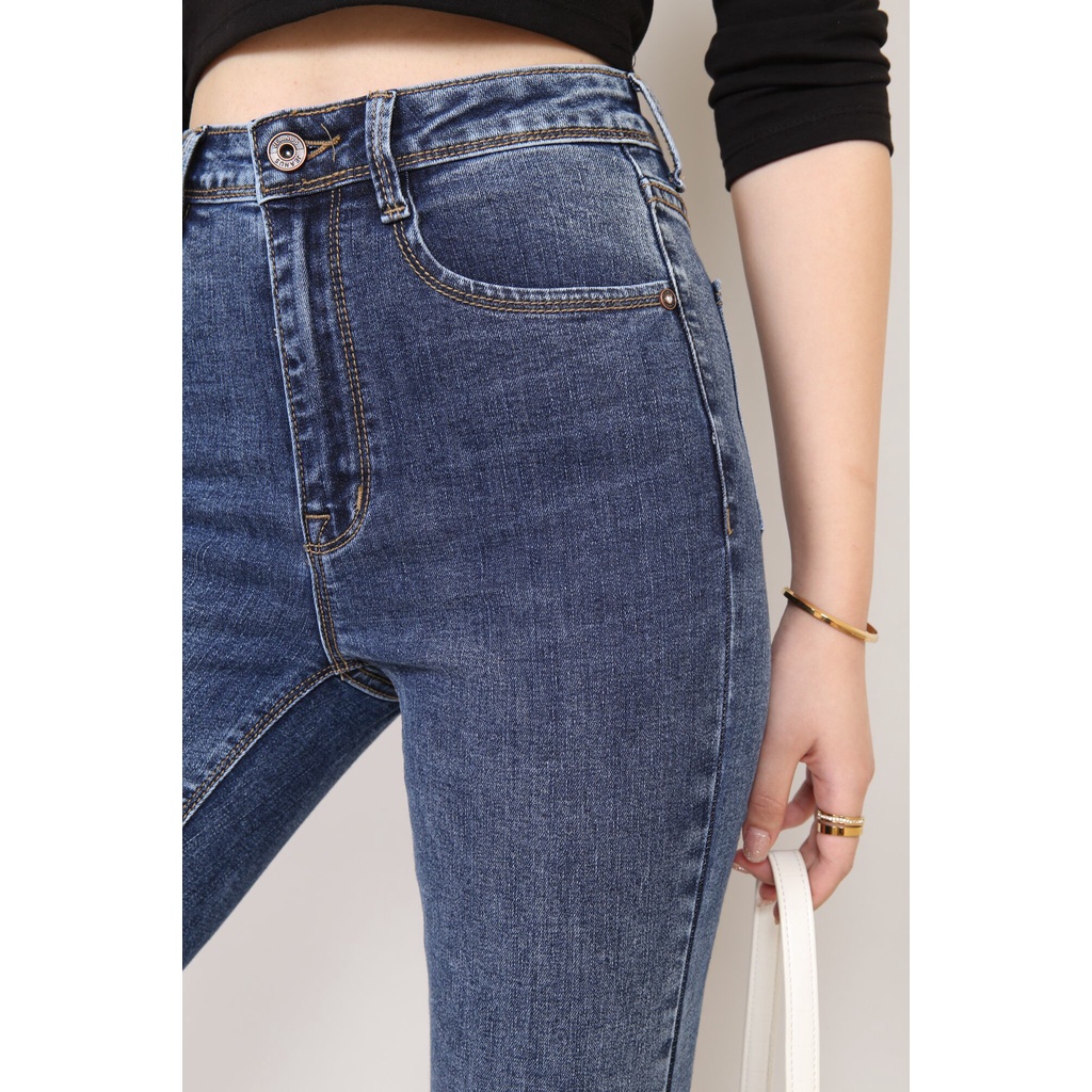 Quần Jean Nữ SKinny Xanh Đá Cạp Cao Vải Xuất Xịn Co Giãn Gấu Thường CT Jeans