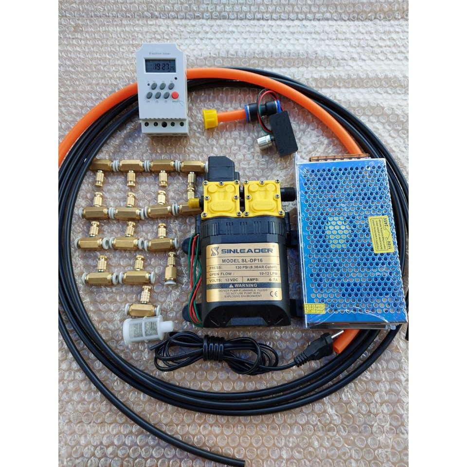 Bộ phun sương SINLEADER đôi kèm nguồn 12v-10a. Bộ hẹn giờ TIMER. điều tốc. 15 béc đồng. 20m dây phun sương 8li