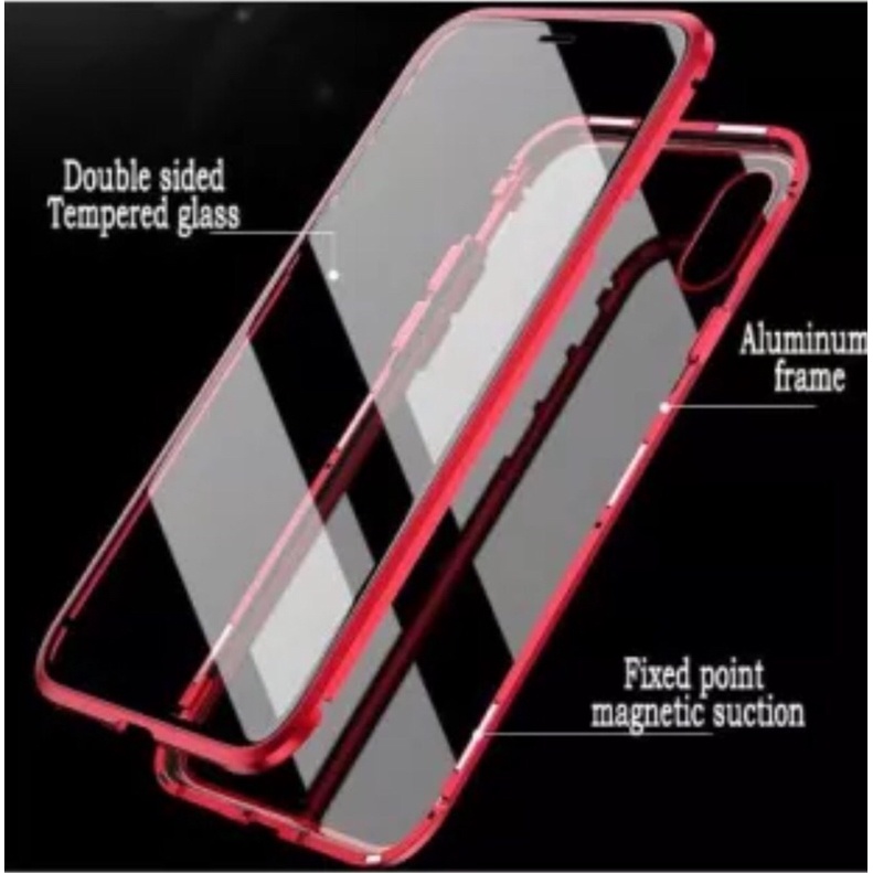 ỐP LƯNG HÍT NAM CHÂM CƯỜNG LỰC viền kim loại 2 MẶT DÀNH CHO IPHONE XR 2018 6.1 inch (màu đỏ)