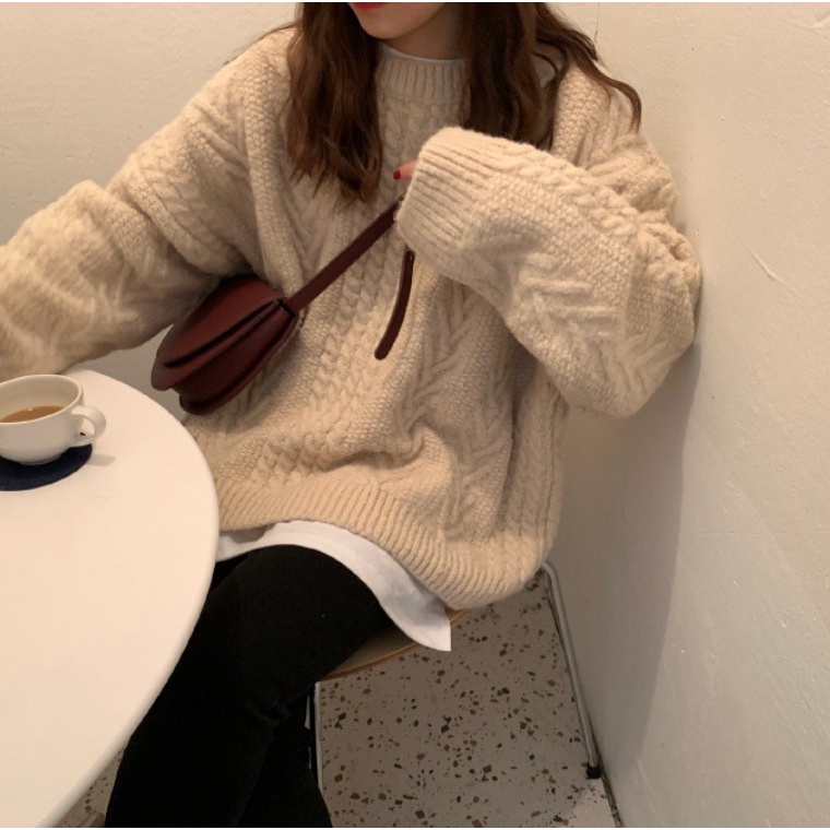 Áo Len Ulzzang | Áo Len Nữ Vặn Thừng Thu Đông Dáng Rộng Dài Tay Phong Cách Hàn Quốc, Hàng Quảng Châu Cao Cấp