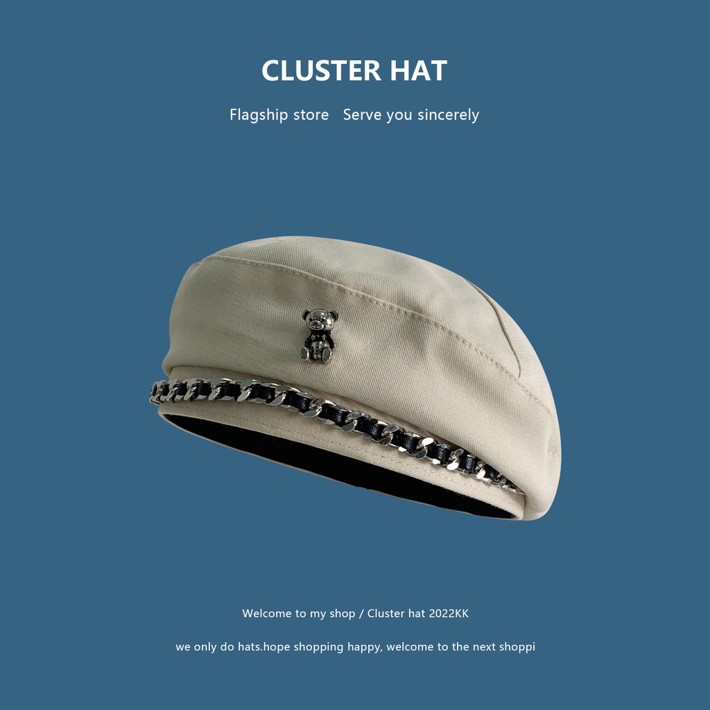 Mũ Beret Phối Dây Xích Họa Tiết Gấu Hoạt Hình Thời Trang Xuân Thu Dành Cho Nữ