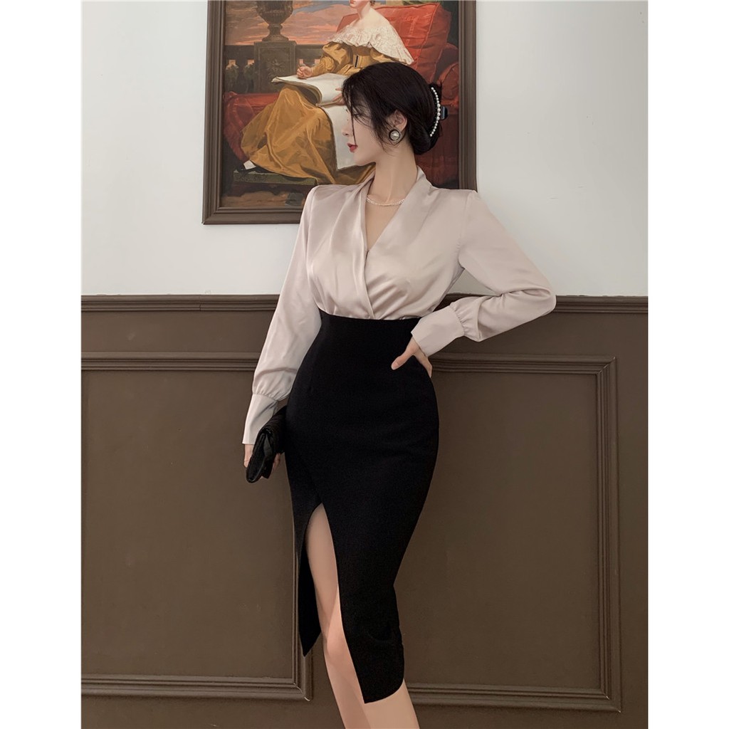 Set áo sơ mi + chân váy lưng cao xẻ tà chất liệu Satin thời trang mùa thu 2021