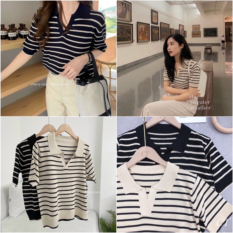 [Free Ship][Ảnh Thật] Áo len Nữ mongtoghi kẻ 2 màu đen/be