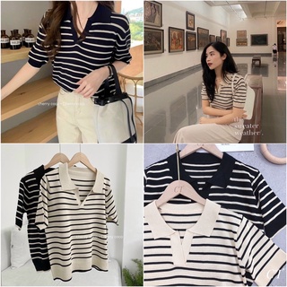 [Free Ship][Ảnh Thật] Áo len Nữ mongtoghi kẻ 2 màu đen/be