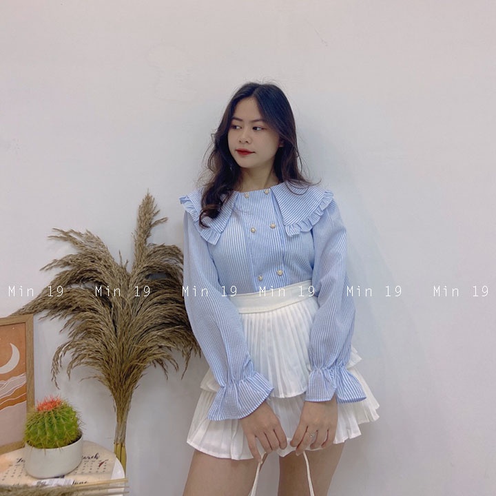 Sơ Mi Cổ Bèo MIN19 Áo Kiểu Nữ Hàn Quốc Tay Phồng Bánh Bèo Tiểu Thư Form Rộng Kẻ Tăm Cúc Ngọc Màu Xanh Thời Trang