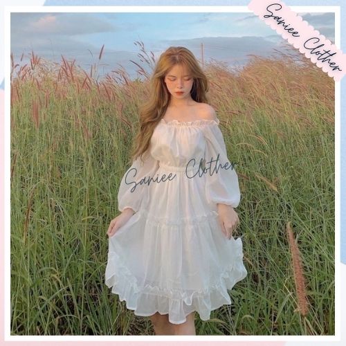 Váy babydoll trễ vai xếp tầng ulzzang chất đũi mềm dáng dài công chúa bánh bèo hàn quốc saniee clother