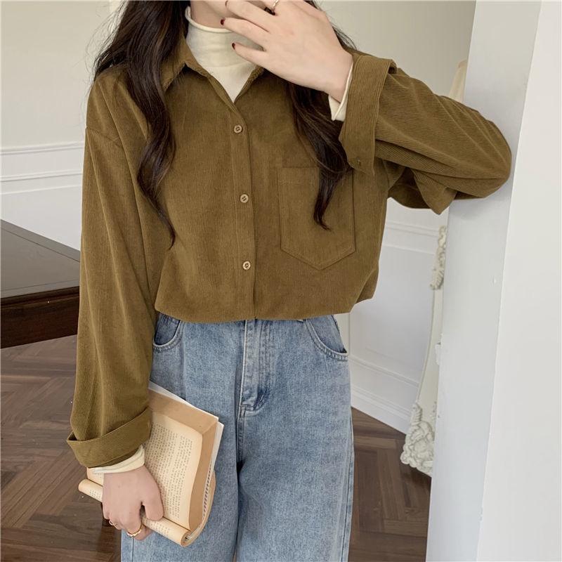 Áo Sơ Mi Form Rộng Chất Liệu Nhung Kẻ Phong Cách retro Mới