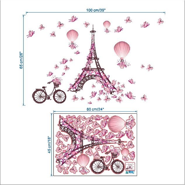 Decal trang trí tường - Tháp Lớn Bướm Hồng Dâu