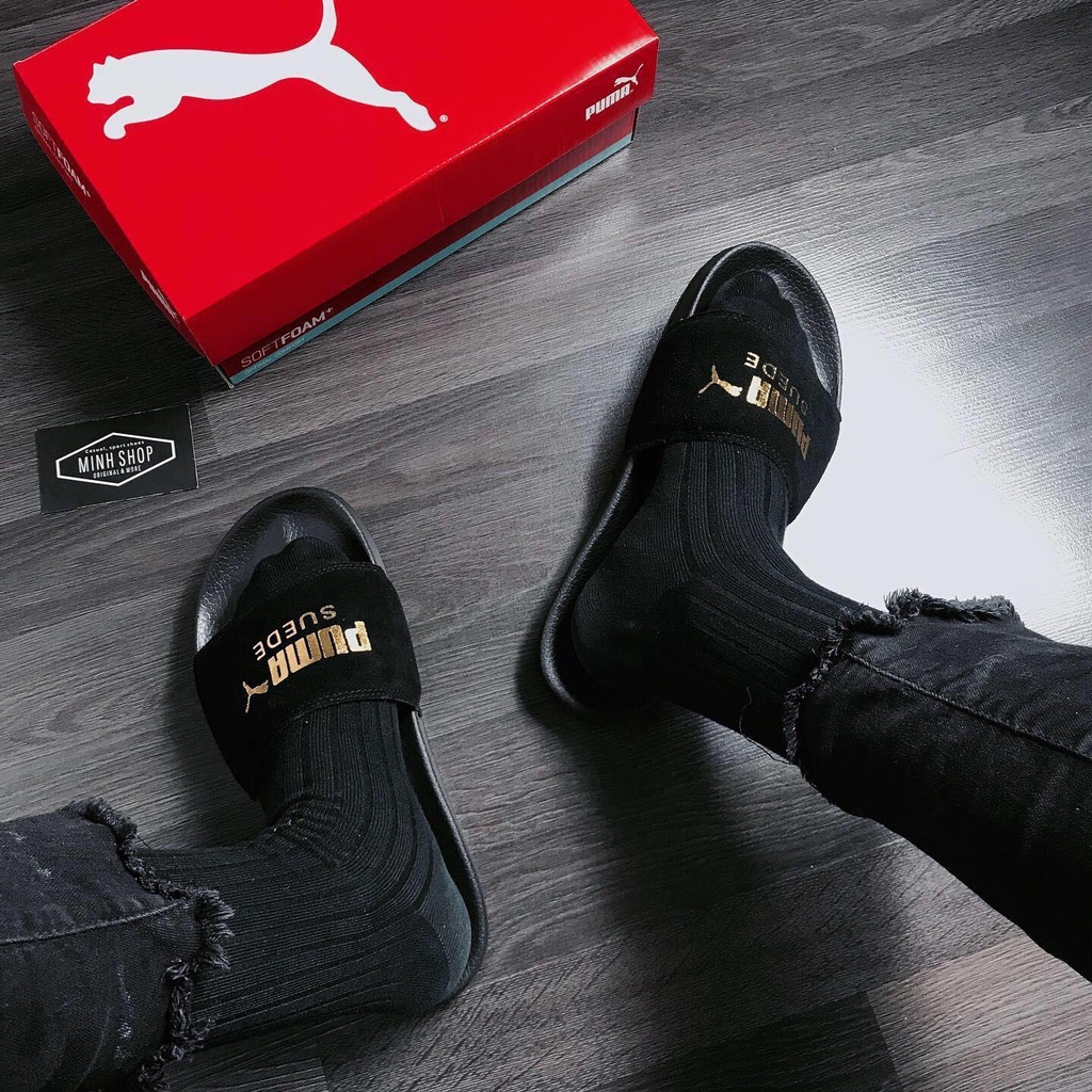 Dép Puma_Suede Leadcat Sandals đen chữ vàng 11356