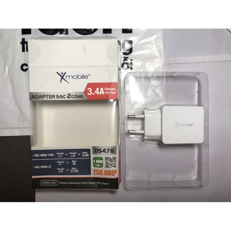 [CHÍNH HÃNG] Full Box New 100% Củ Sạc 2 Cổng 3.4A Xmobile DS476 Trắng cho Iphone Samsung Sony Oppo HTC Asus Vsmart