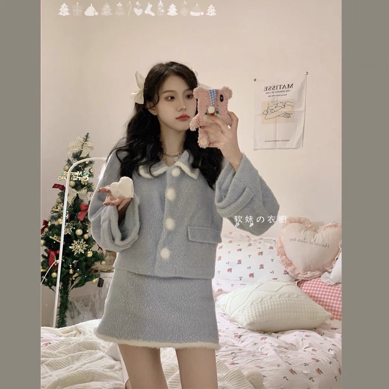 Set áo váy mùa đông xanh mint xinh xắn dễ thương