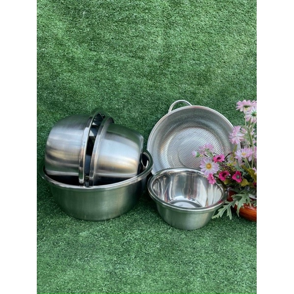 Bộ thau inox kèm rỗ, bộ 5 món thai rổ inox