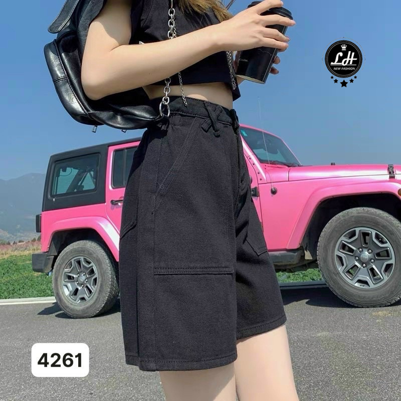 Quần short nữ, short jean ống rộng trắng màu đen xanh nhạt kiểu túi đắp vuông MS 457
