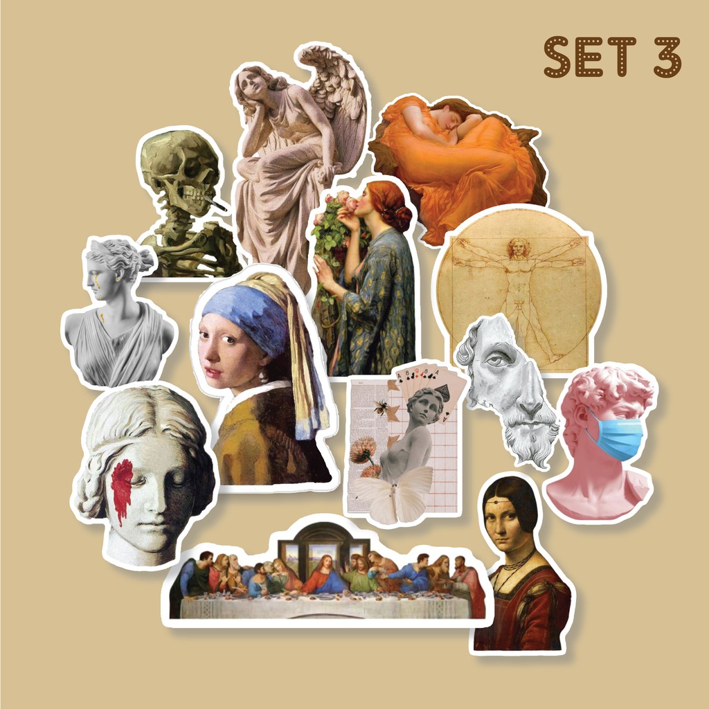 Bộ sticker chống thấm nước trang trí mũ bảo hiểm, laptop chủ đề hội họa cổ điển phong cách vintage classic tranh đêm đầy