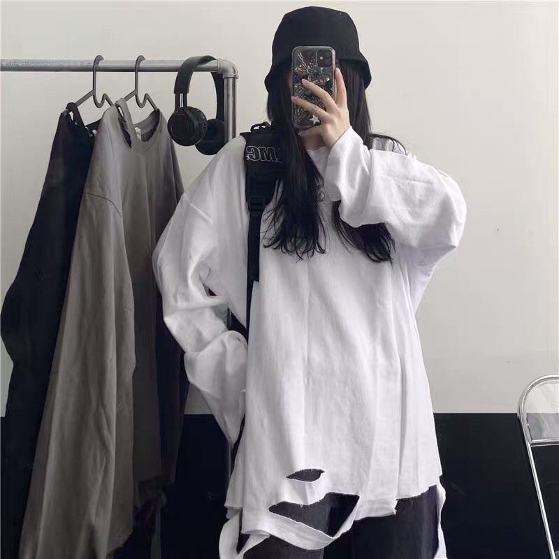 Áo sweater - áo thun thu đông dài tay màu trơn rách cách điệu form rộng unisex Ulzzang đơn giản mà chất