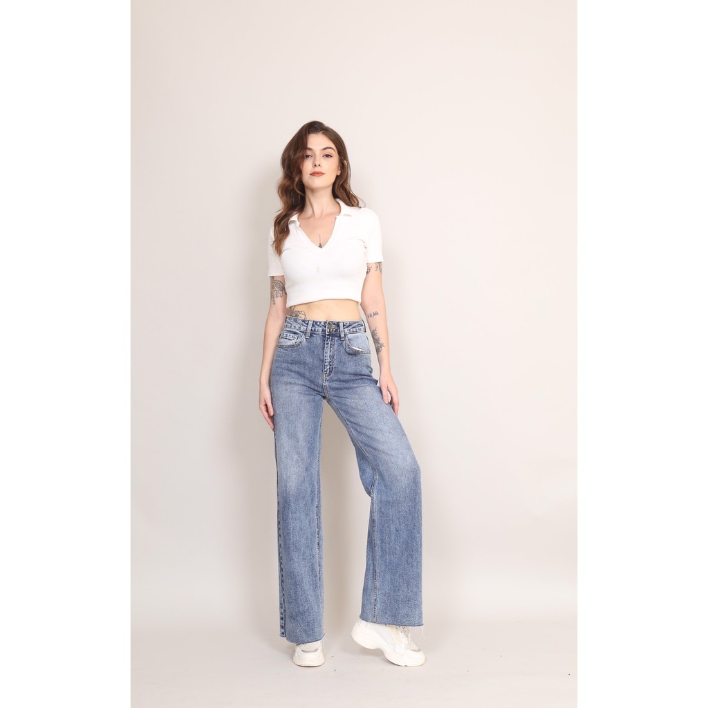Quần jean nữ ống rộng cạp cao lưng cao co giãn xanh đá gấu tự do CT JEANS