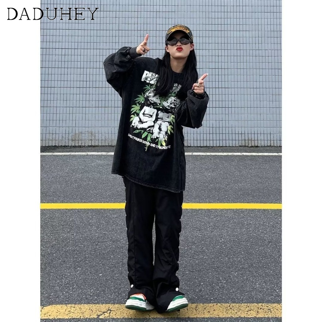 DaDuHey American Retro Worn Looking Washed-out Printed Long-Sleeved T-shirt Men's and Women's Ins Fashion Brand Couple Wear Street Fun Top