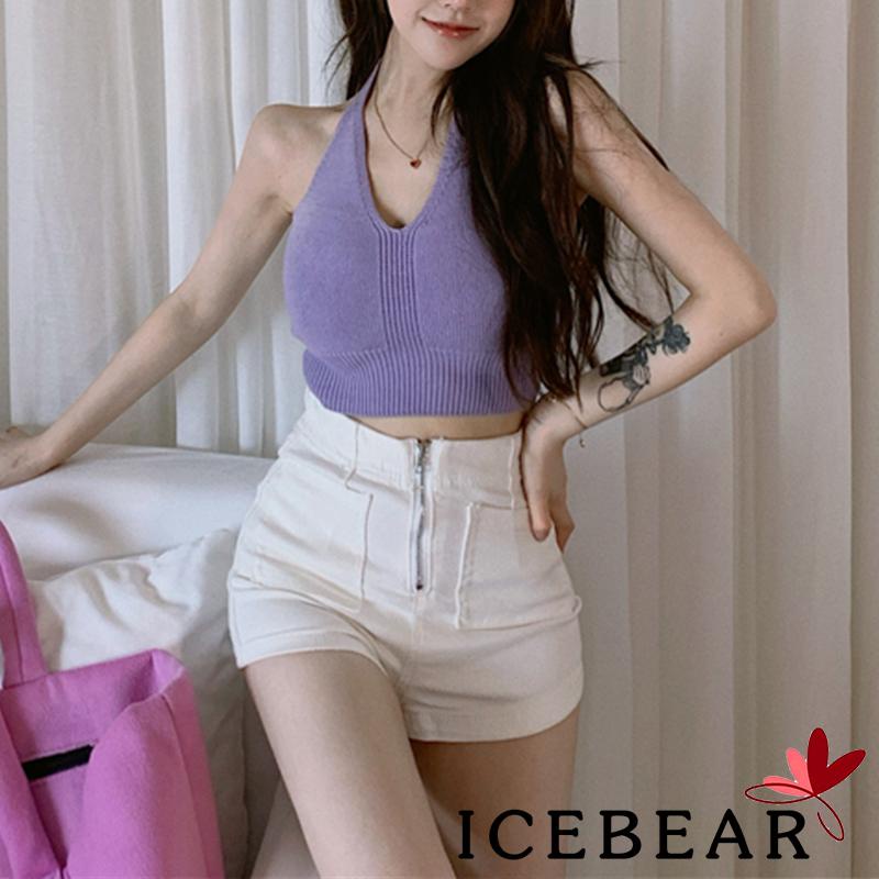 Áo croptop dệt kim không tay cổ chữ V màu trơn thời trang cho nữ