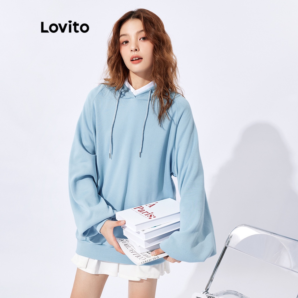 Áo sweatshirt Lovito oversize dài tay dáng dài có mũ trùm đầu màu trơn phong cách Hàn Quốc mặc thường ngày L32FW005 (màu xanh dương nhạt)