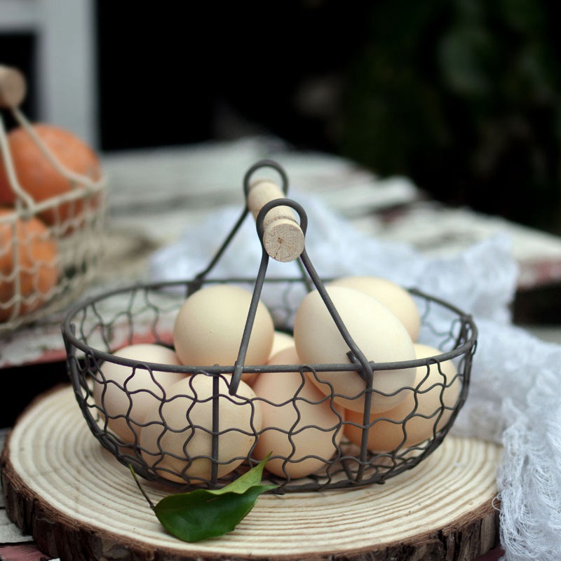 Rổ Kim Loại Tay Cầm Bằng Gỗ Đa Chức Năng Đựng Rau Củ Quả Trứng Trái Cây