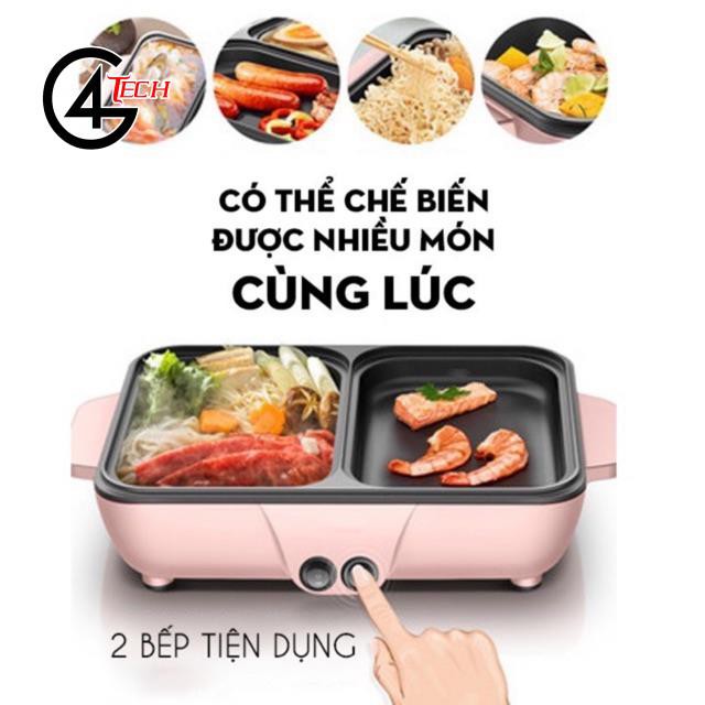 Nồi lẩu nướng điện  Siêu chống dính, Bếp lẩu nướng mini 2 ngăn Cao cấp Bảo hành 6 tháng