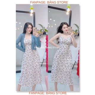 Set đầm hoa nhí xanh + áo khoát