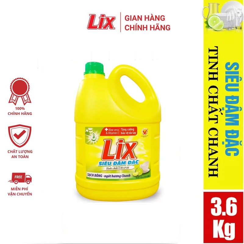 NƯỚC RỬA CHÉN LIX CHANH 3.6KG NC360 SIÊU ĐẬM ĐẶC SIÊU SẠCH DIỆT KHUẨN BẢO VỆ DA TAY
