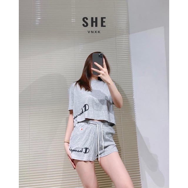 Set bộ CHAMPI@N áo croptop + short thun hồng/xám/đen VNXK