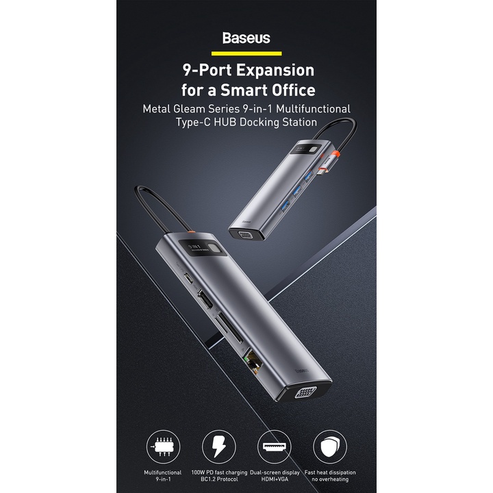 Bộ Chuyển đổi 9 in 1 đa năng BaseusHDMI 4K ,VGA ,LAN ,USB 3.0 , PD 100W,SD 2.0 Cho Laptop / Macbook / Samsung / Xiaomi | BigBuy360 - bigbuy360.vn