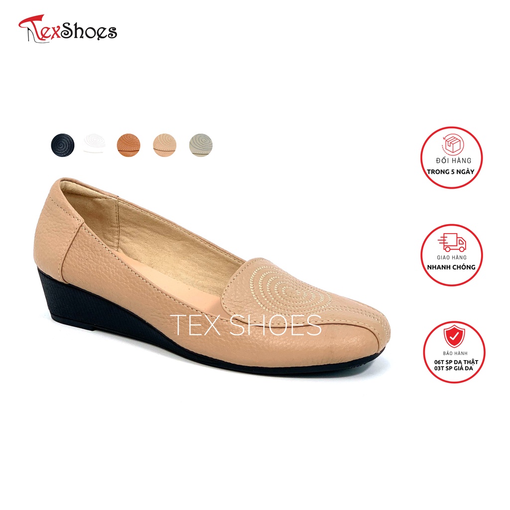 Giày nữ đế xuồng thêu chỉ, giày nữ VNXK mũi vuông da bò TEX SHOES