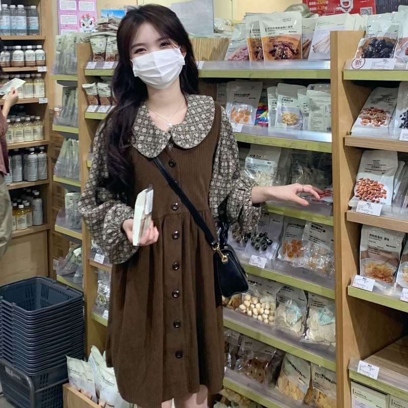 Bộ Áo Sơ Mi Cổ Búp Bê + Đầm Yếm Thiết Kế Mới Xinh Xắn Thời Trang Dành Cho Nữ